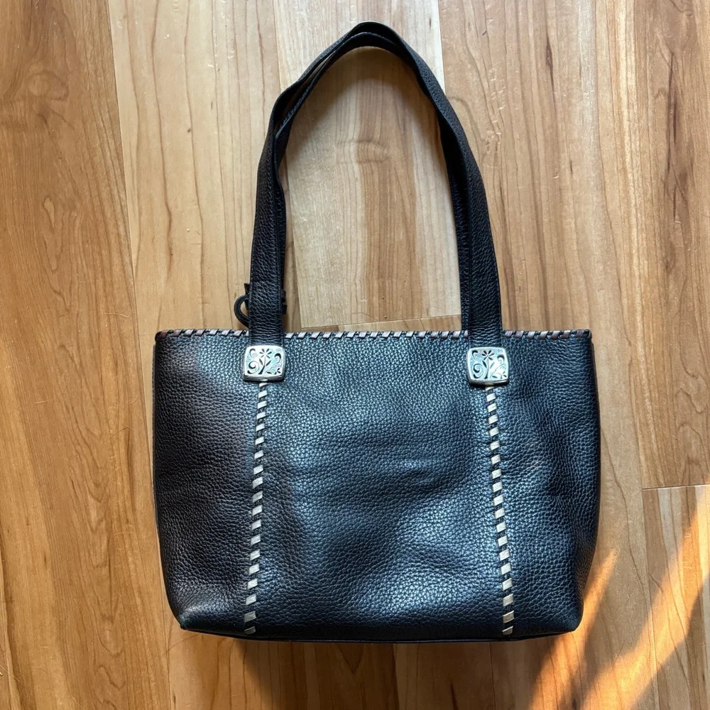 Brighton Black Pebbled Leather Handbag with Top Stitching Accents
